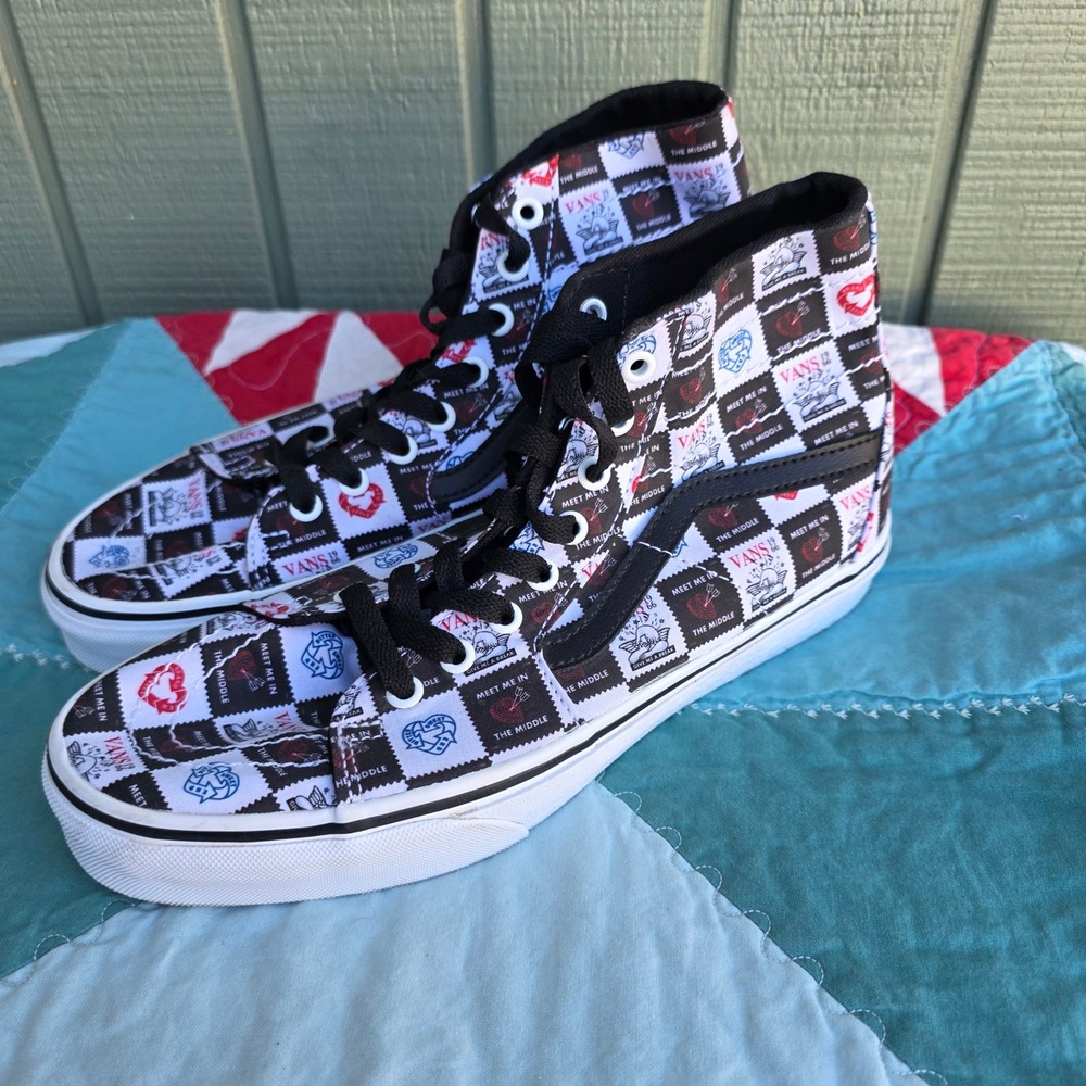 Vans Ward High Top Sneakers Mens 8.5 Womens 10 Black White Meet Me In The Middle